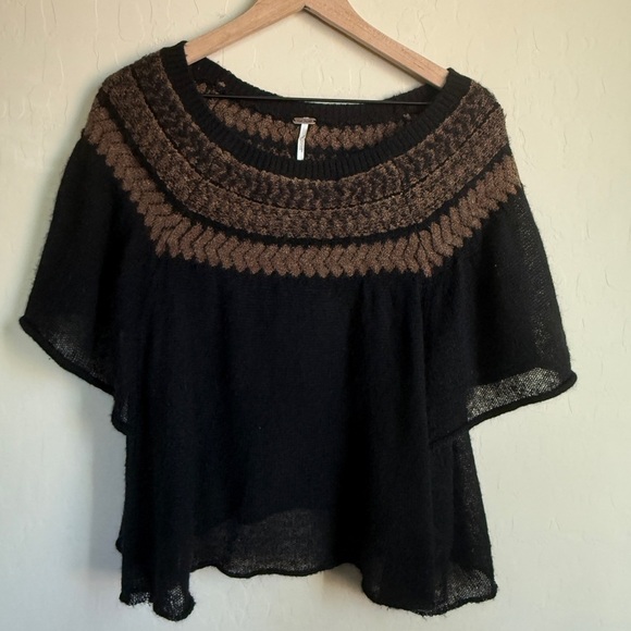 Free People Sheer Black Fair Isle Flutter Sleeve Off the Shoulder Sweater Top XS - Picture 4 of 12